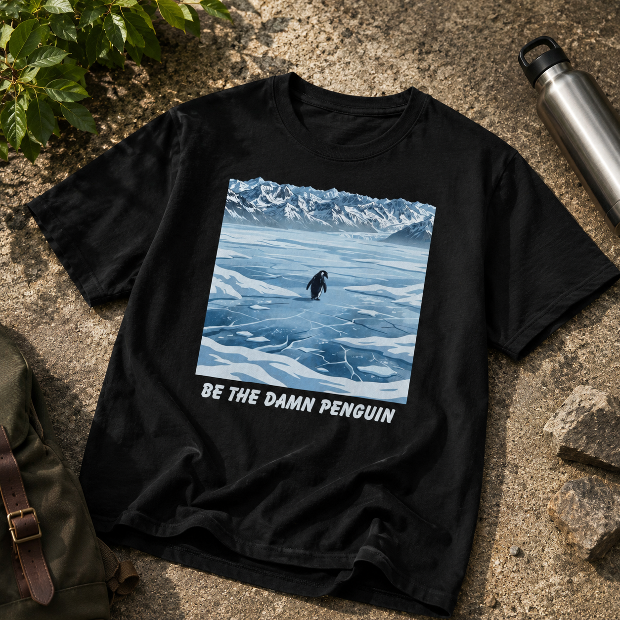 Be the Damn Penguin black graphic tee shown as a tabletop flat lay