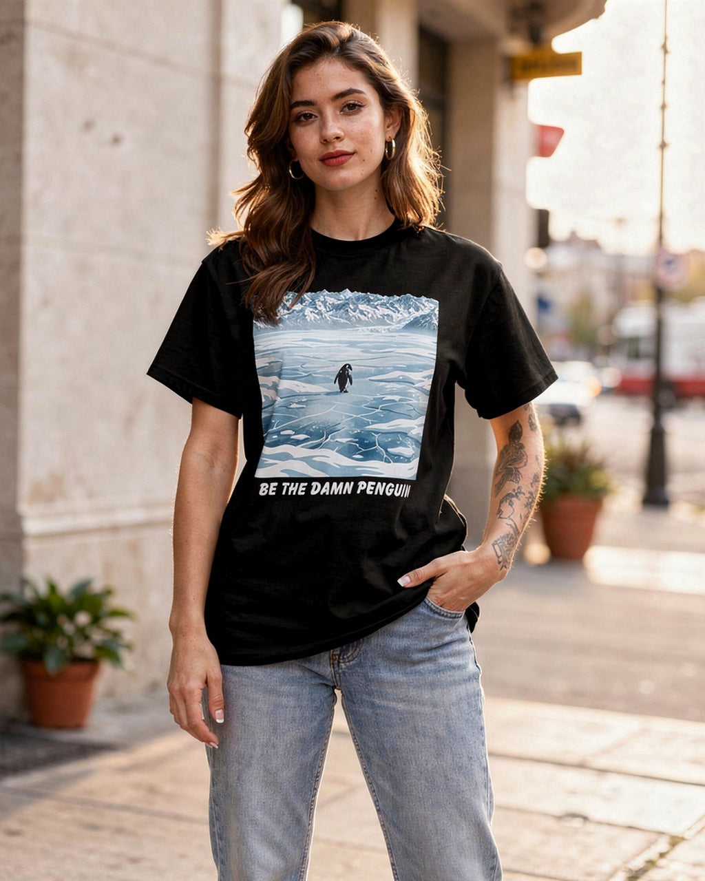Be the Damn Penguin black graphic tee styled for an everyday streetwear look