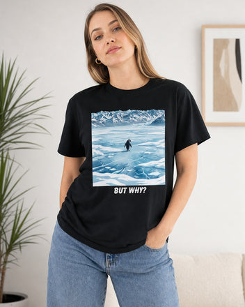But Why Penguin black graphic tee shown on a model in a studio