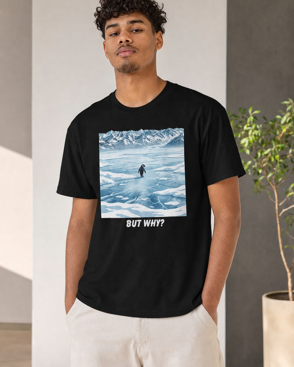 But Why Penguin black graphic tee shown on a studio model