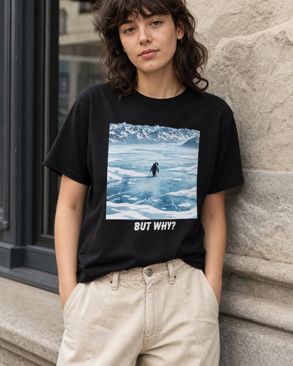 But Why Penguin black graphic tee styled for an everyday streetwear look
