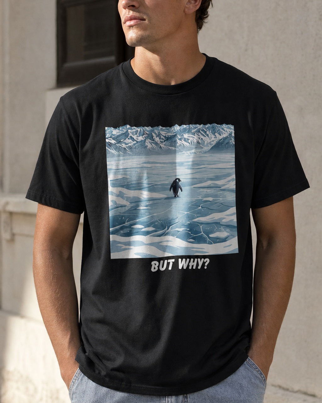 But Why Penguin black graphic T-shirt worn with a streetwear outfit