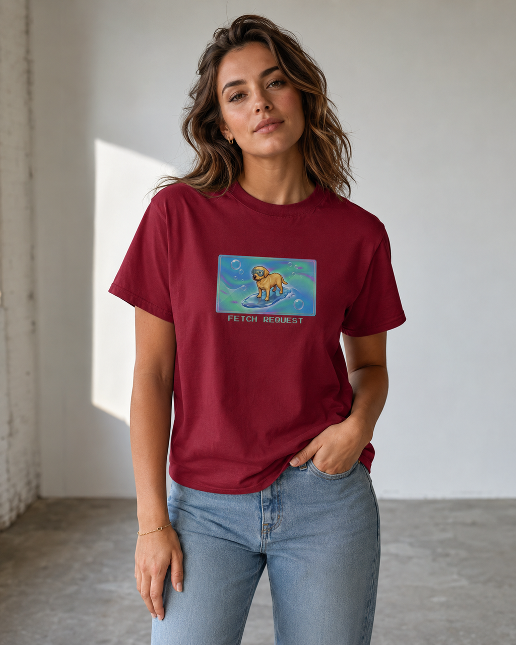 O's Tees Fetch Request Labrador Retriever Frutiger Aero Dogs graphic tee lifestyle image — Cardinal Red shirt, female shot 03, no-phone editorial