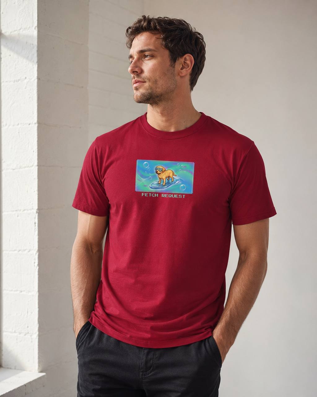 O's Tees Fetch Request Labrador Retriever Frutiger Aero Dogs graphic tee lifestyle image — Cardinal Red shirt, male shot 03, no-phone editorial