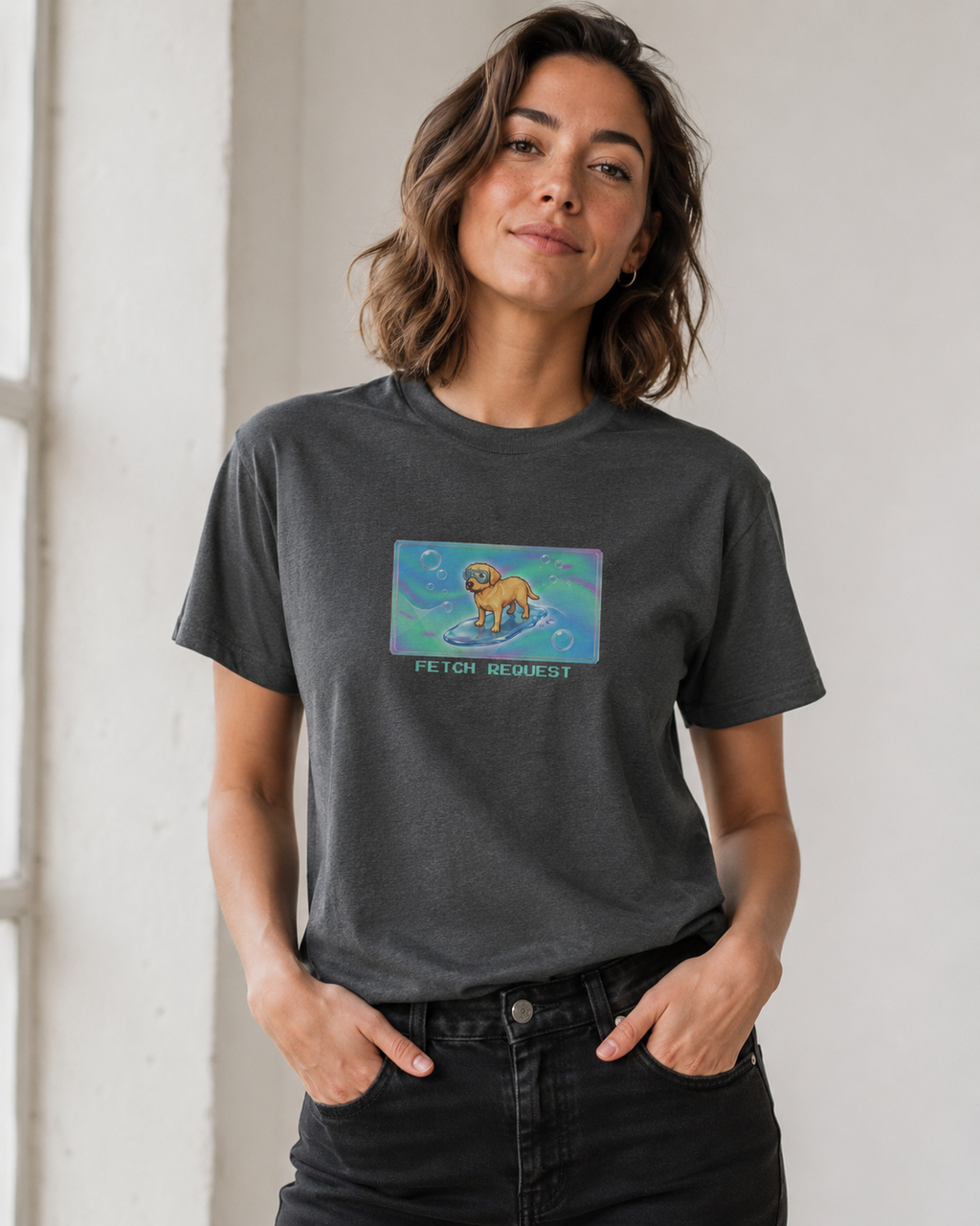 O's Tees Fetch Request Labrador Retriever Frutiger Aero Dogs graphic tee lifestyle image — Dark Heather shirt, female shot 03, no-phone editorial