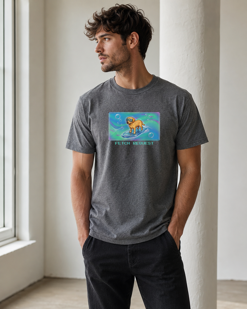 O's Tees Fetch Request Labrador Retriever Frutiger Aero Dogs graphic tee lifestyle image — Graphite Heather shirt, male shot 03, no-phone editorial