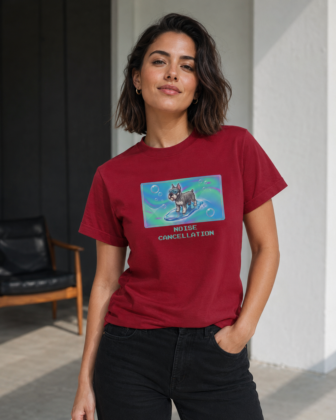 O's Tees Noise Cancellation Miniature Schnauzer Frutiger Aero Dogs graphic tee lifestyle image — Cardinal Red shirt, female shot 03, no-phone editorial