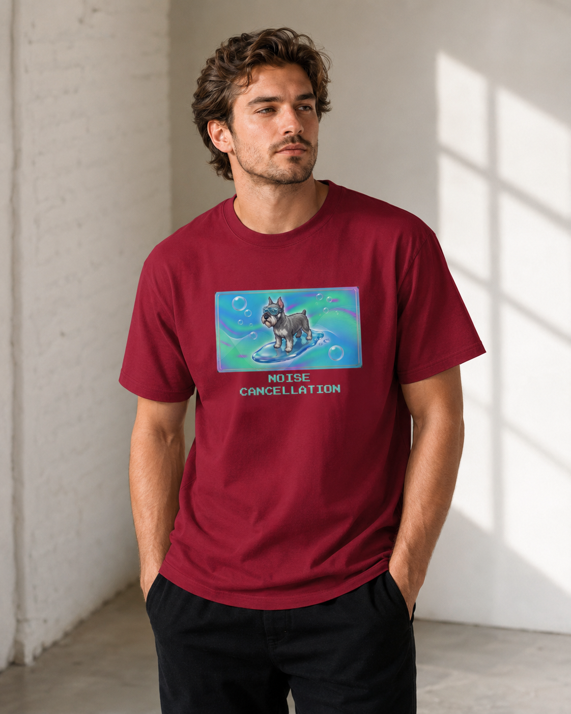 O's Tees Noise Cancellation Miniature Schnauzer Frutiger Aero Dogs graphic tee lifestyle image — Cardinal Red shirt, male shot 03, no-phone editorial