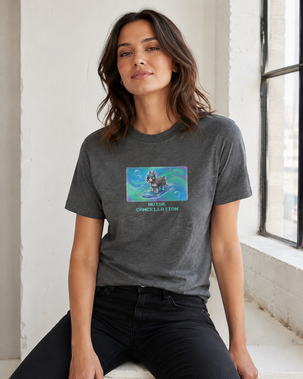 O's Tees Noise Cancellation Miniature Schnauzer Frutiger Aero Dogs graphic tee lifestyle image — Graphite Heather shirt, female shot 03, no-phone editorial