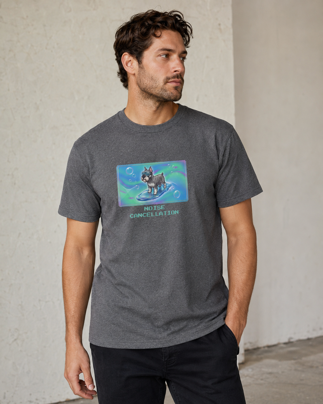 O's Tees Noise Cancellation Miniature Schnauzer Frutiger Aero Dogs graphic tee lifestyle image — Graphite Heather shirt, male shot 03, no-phone editorial