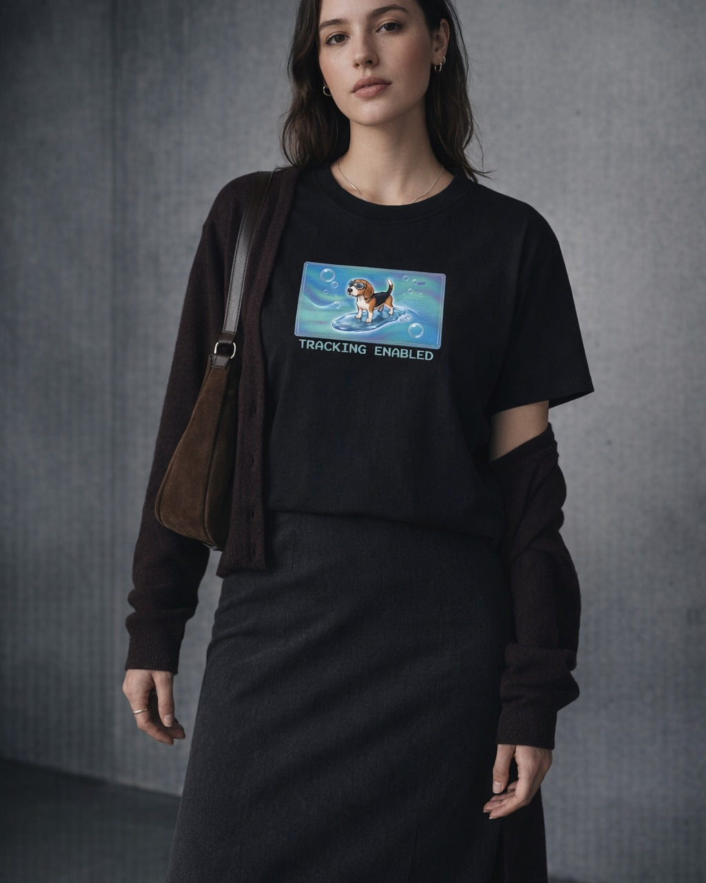 O's Tees Tracking Enabled Beagle Frutiger Aero Dogs graphic tee lifestyle image — Black shirt, female shot 02, charcoal maxi plum