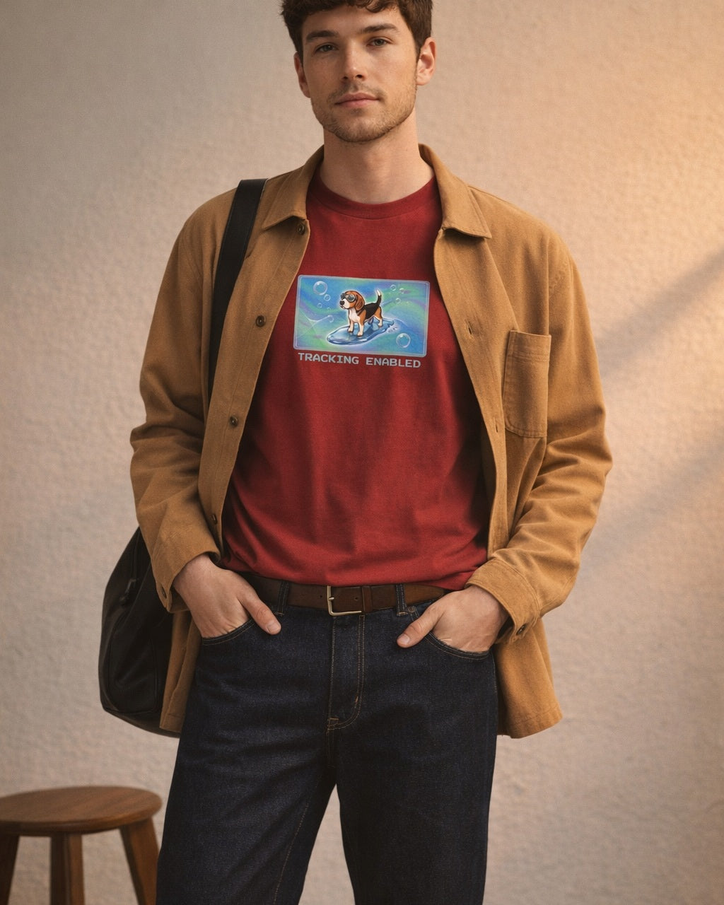 O's Tees Tracking Enabled Beagle Frutiger Aero Dogs graphic tee lifestyle image — Cardinal Red shirt, male shot 01, raw denim camel chore