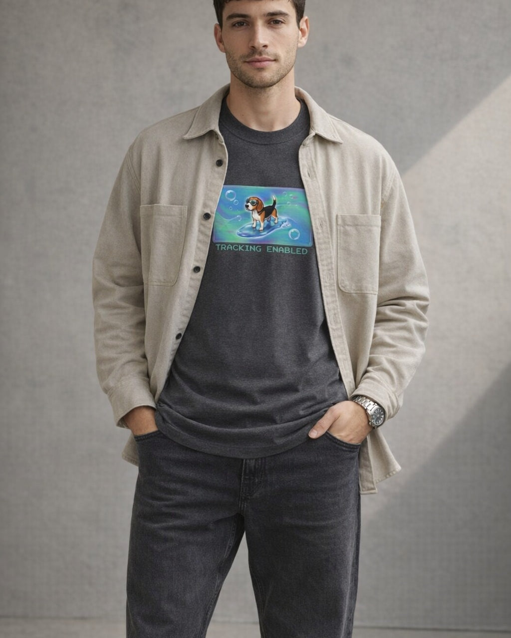 O's Tees Tracking Enabled Beagle Frutiger Aero Dogs graphic tee lifestyle image — Dark Heather shirt, male shot 02, faded black denim stone overshirt