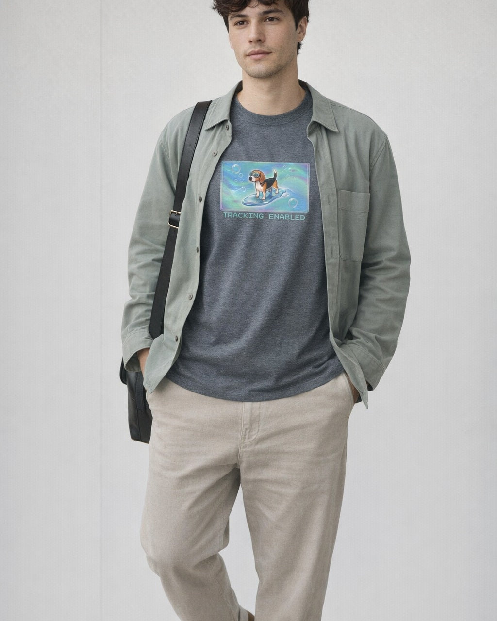 O's Tees Tracking Enabled Beagle Frutiger Aero Dogs graphic tee lifestyle image — Graphite Heather shirt, male shot 01, stone trouser sage overshirt