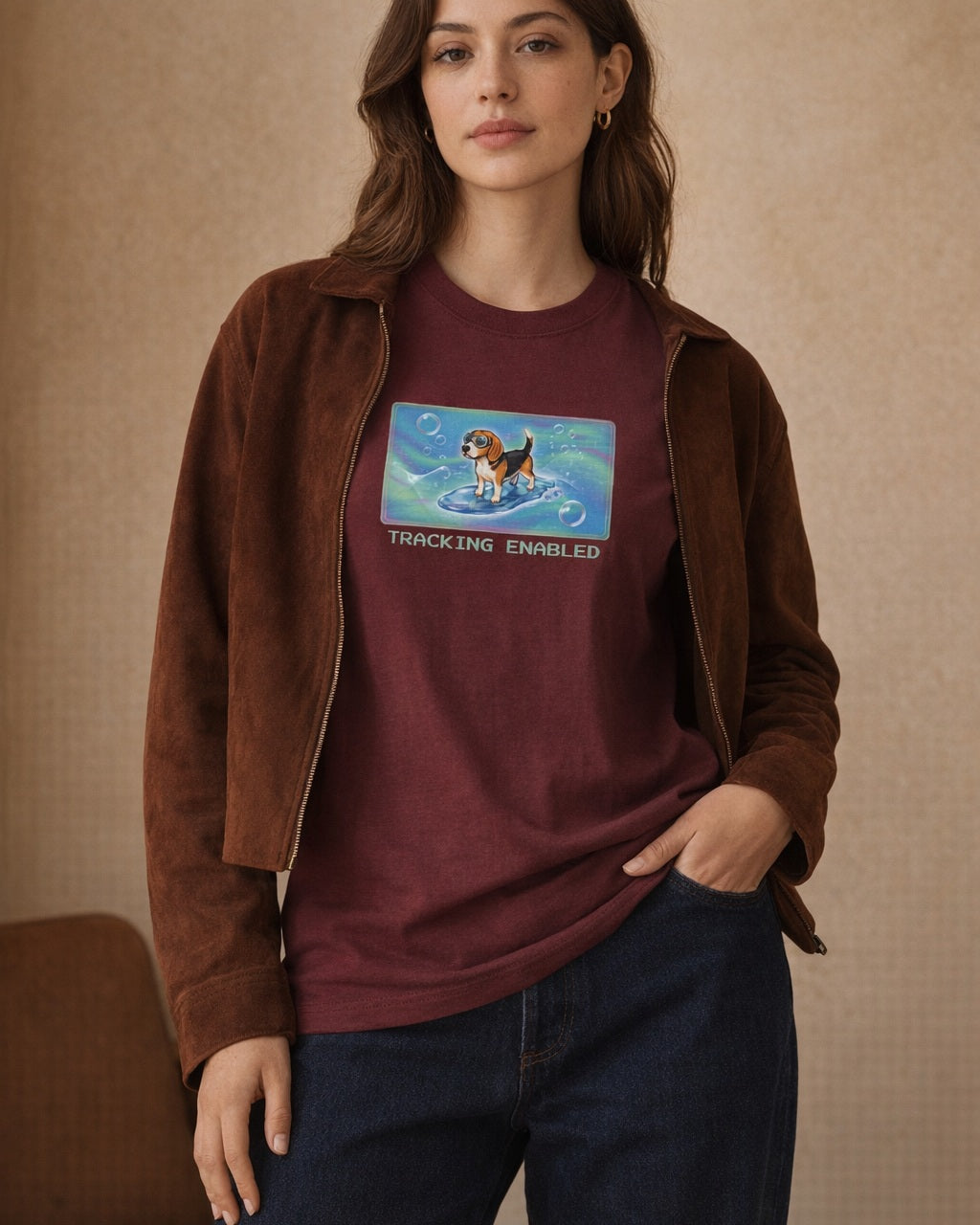 O's Tees Tracking Enabled Beagle Frutiger Aero Dogs graphic tee lifestyle image — Maroon shirt, female shot 01, deep indigo chocolate