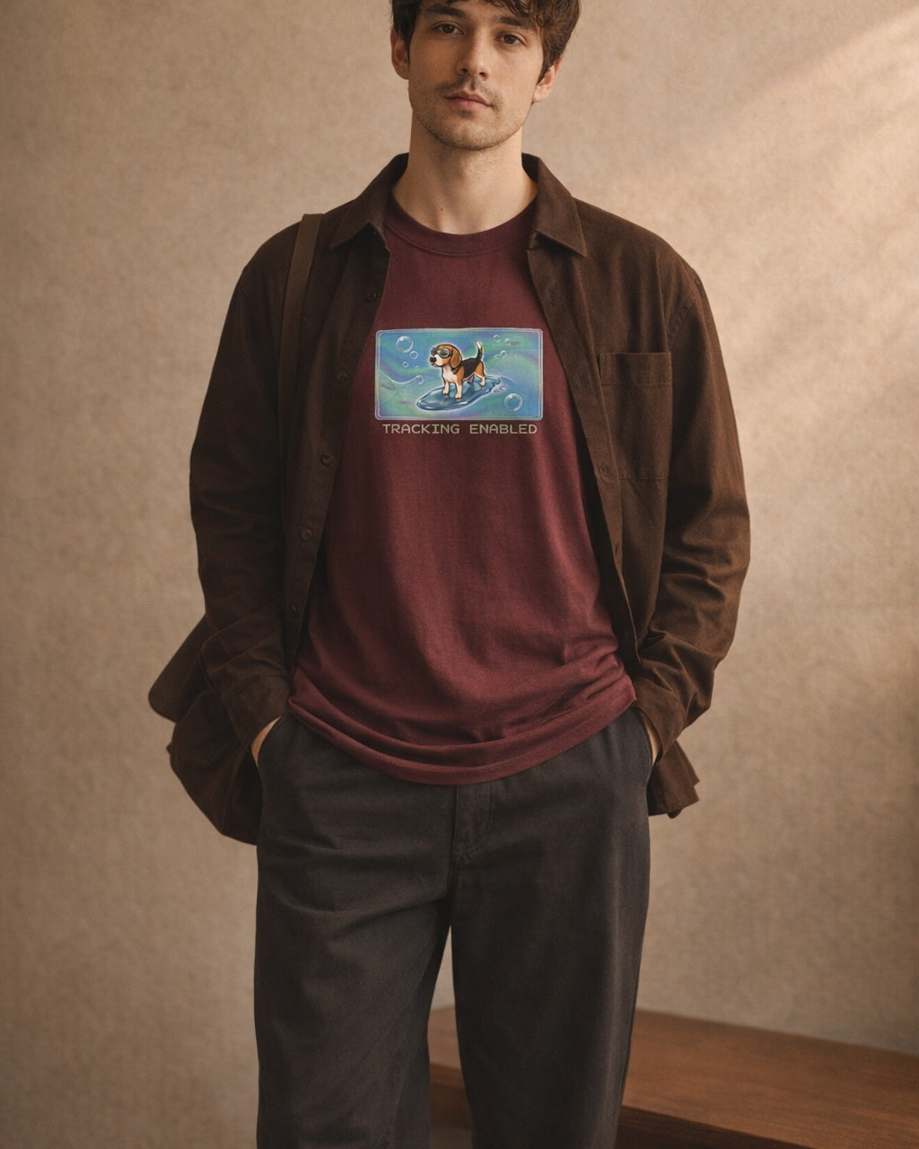 O's Tees Tracking Enabled Beagle Frutiger Aero Dogs graphic tee lifestyle image — Maroon shirt, male shot 02, charcoal workwear