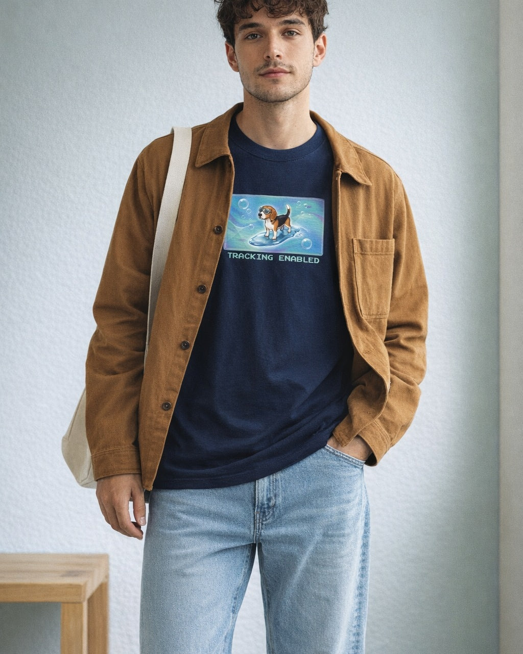 O's Tees Tracking Enabled Beagle Frutiger Aero Dogs graphic tee lifestyle image — Navy shirt, male shot 02, light denim tobacco