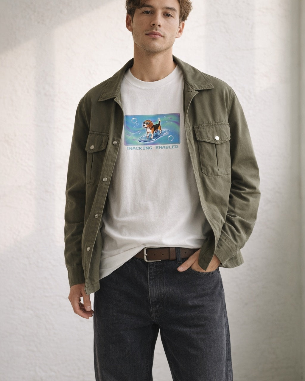 O's Tees Tracking Enabled Beagle Frutiger Aero Dogs graphic tee lifestyle image — White shirt, male shot 01, black denim field jacket