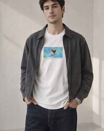 O's Tees Tracking Enabled Beagle Frutiger Aero Dogs graphic tee lifestyle image — White shirt, male shot 02, indigo workwear