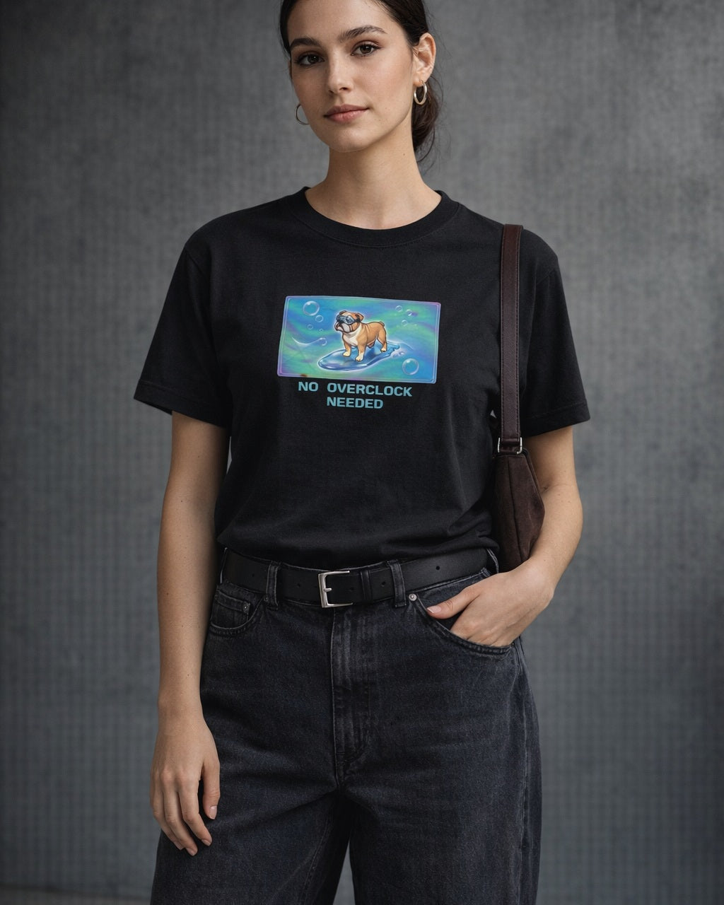 O's Tees No Overclock Needed Bulldog Frutiger Aero Dogs graphic tee lifestyle image — Black shirt, female shot 01, washed black denim
