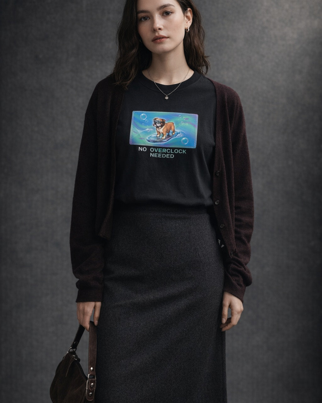 O's Tees No Overclock Needed Bulldog Frutiger Aero Dogs graphic tee lifestyle image — Black shirt, female shot 02, charcoal maxi plum