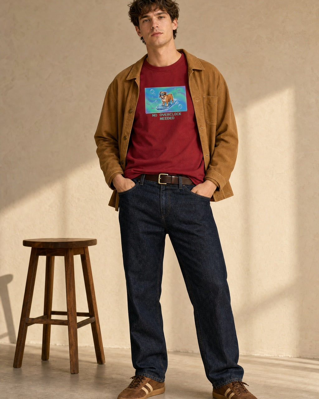 O's Tees No Overclock Needed Bulldog Frutiger Aero Dogs graphic tee lifestyle image — Cardinal Red shirt, male shot 01, raw denim camel chore