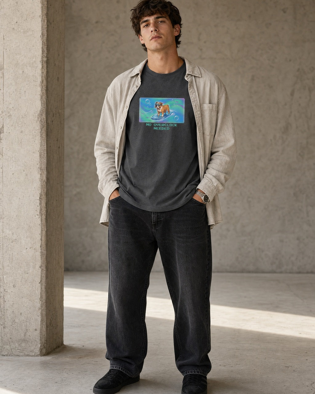O's Tees No Overclock Needed Bulldog Frutiger Aero Dogs graphic tee lifestyle image — Dark Heather shirt, male shot 02, faded black denim stone overshirt