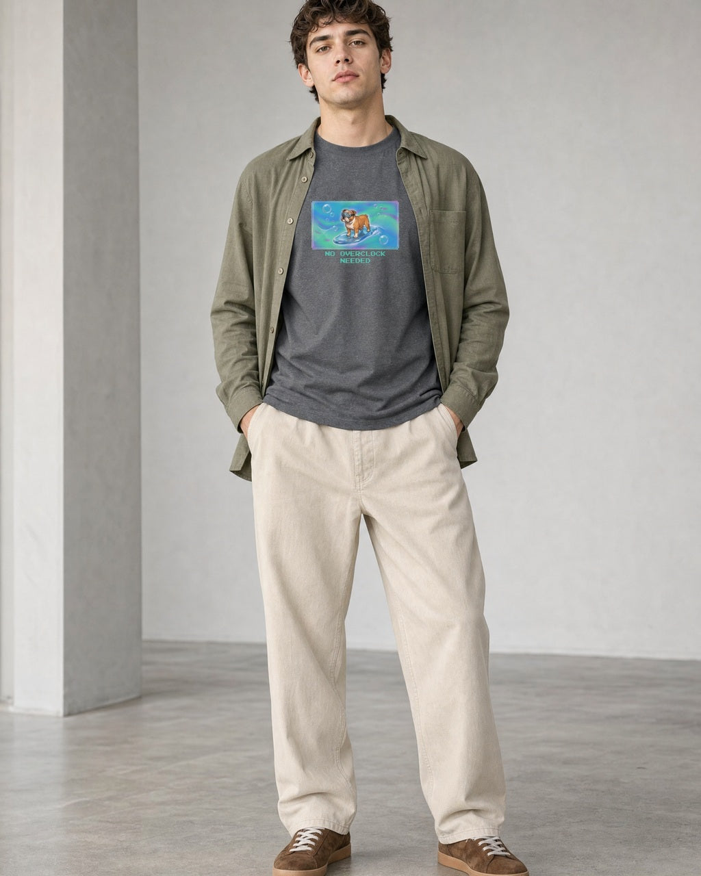 O's Tees No Overclock Needed Bulldog Frutiger Aero Dogs graphic tee lifestyle image — Graphite Heather shirt, male shot 01, stone trouser sage overshirt