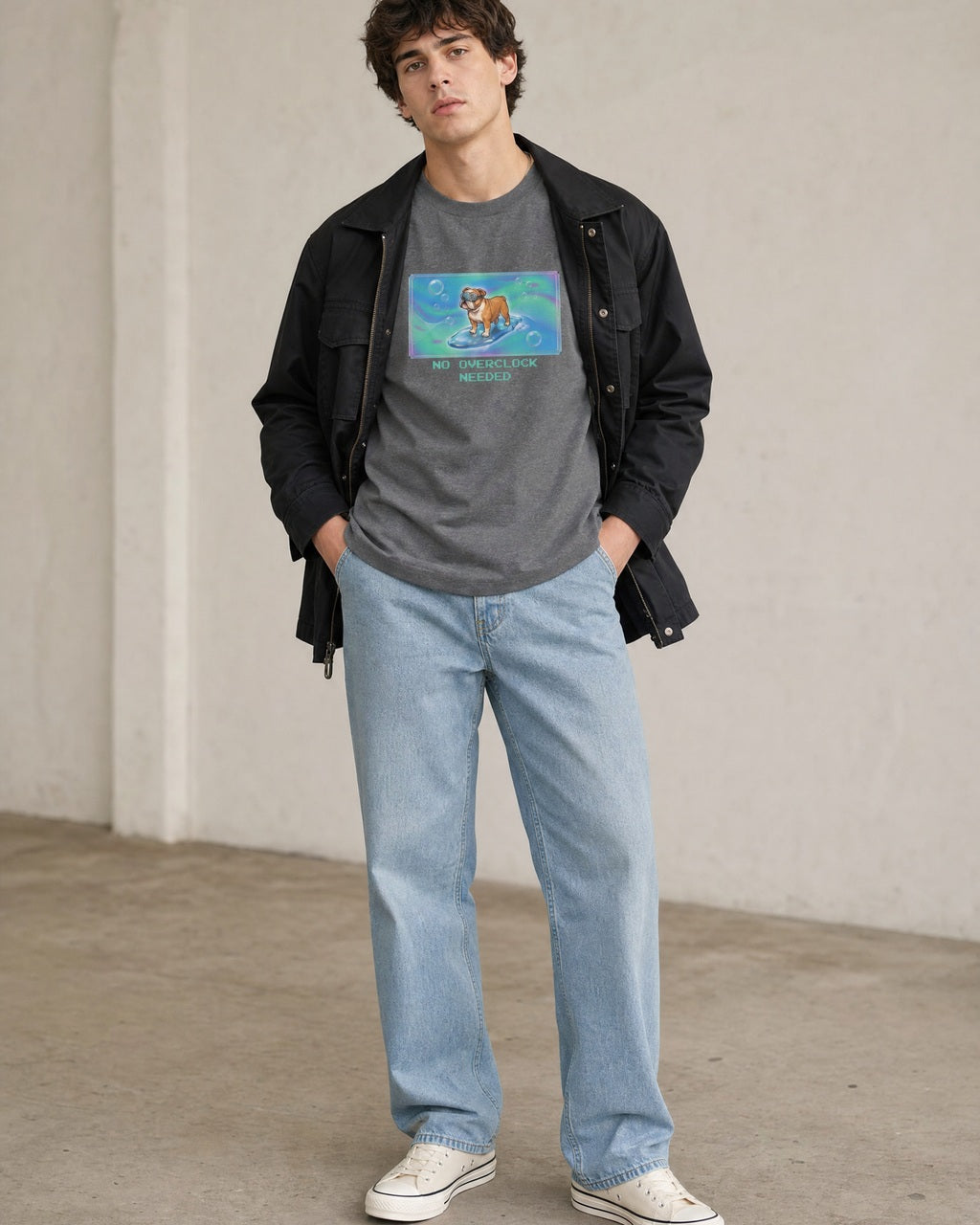 O's Tees No Overclock Needed Bulldog Frutiger Aero Dogs graphic tee lifestyle image — Graphite Heather shirt, male shot 02, light denim black field