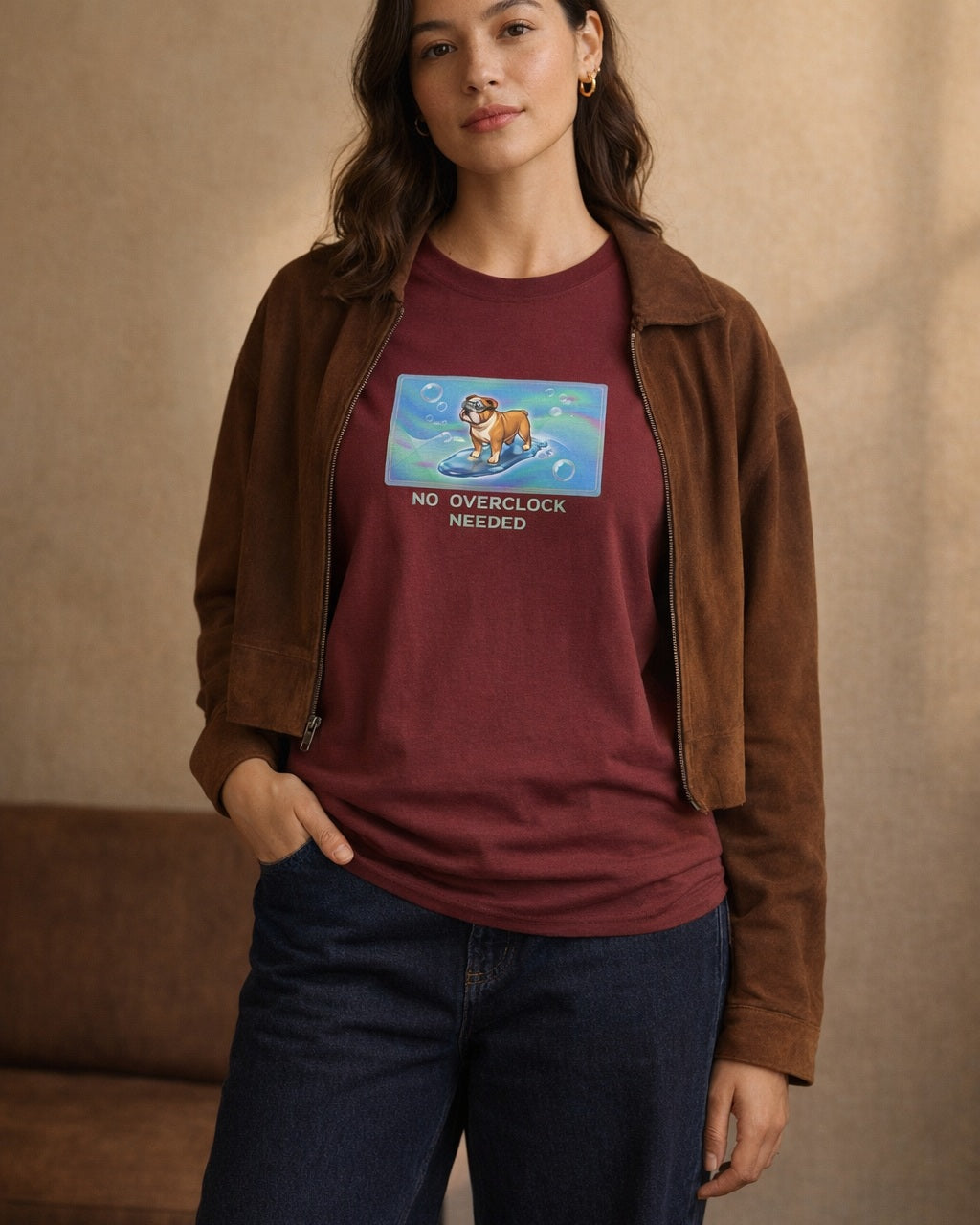 O's Tees No Overclock Needed Bulldog Frutiger Aero Dogs graphic tee lifestyle image — Maroon shirt, female shot 01, deep indigo chocolate