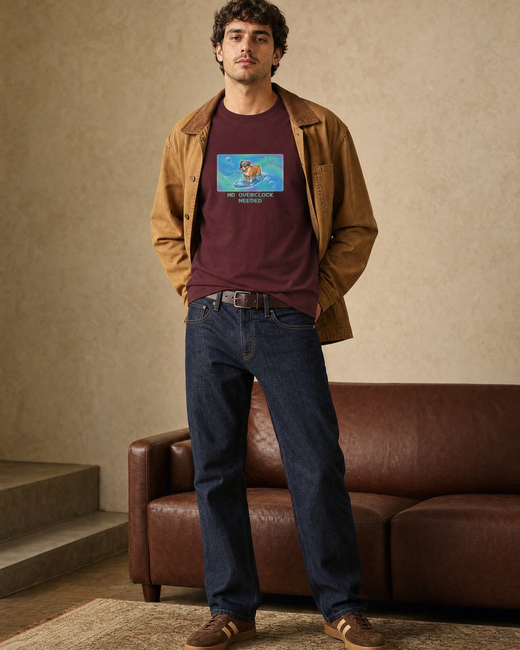 O's Tees No Overclock Needed Bulldog Frutiger Aero Dogs graphic tee lifestyle image — Maroon shirt, male shot 01, raw denim camel