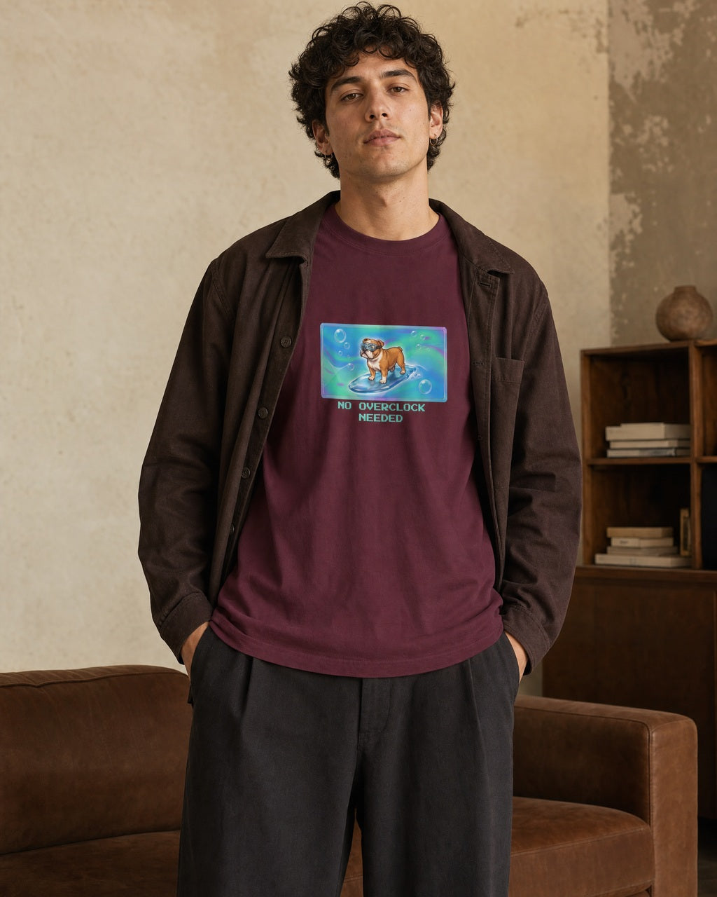 O's Tees No Overclock Needed Bulldog Frutiger Aero Dogs graphic tee lifestyle image — Maroon shirt, male shot 02, charcoal workwear