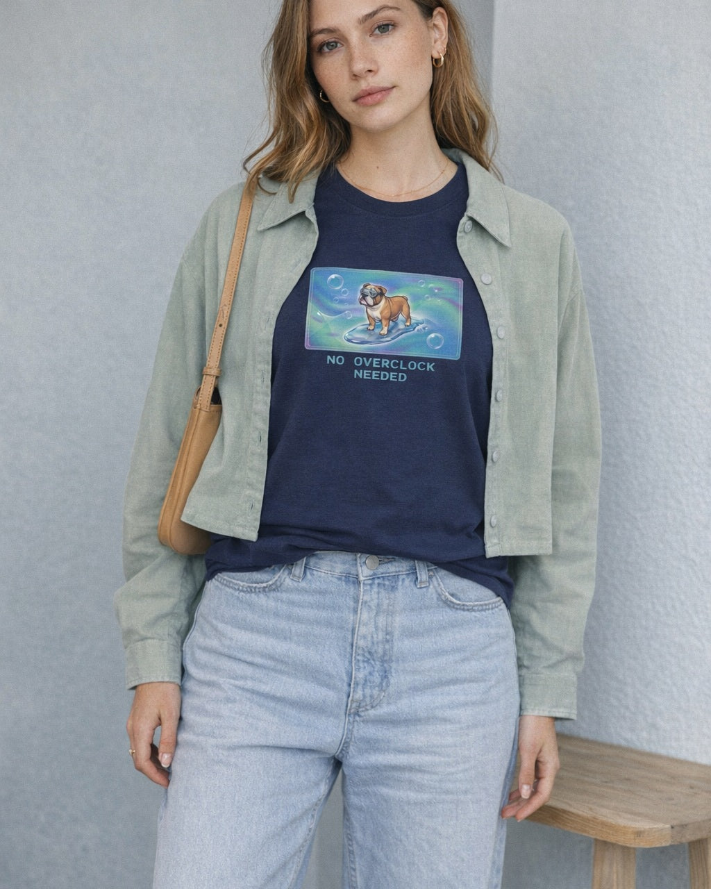 O's Tees No Overclock Needed Bulldog Frutiger Aero Dogs graphic tee lifestyle image — Navy shirt, female shot 02, lightwash sage
