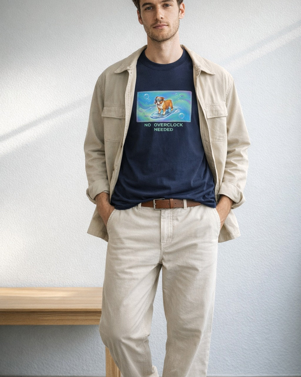 O's Tees No Overclock Needed Bulldog Frutiger Aero Dogs graphic tee lifestyle image — Navy shirt, male shot 01, ecru trouser field