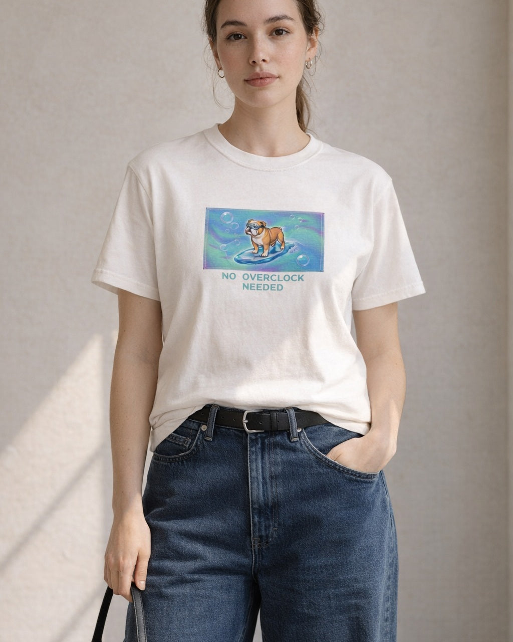 O's Tees No Overclock Needed Bulldog Frutiger Aero Dogs graphic tee lifestyle image — White shirt, female shot 01, barrel denim mary jane