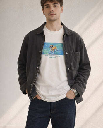 O's Tees No Overclock Needed Bulldog Frutiger Aero Dogs graphic tee lifestyle image — White shirt, male shot 02, indigo workwear