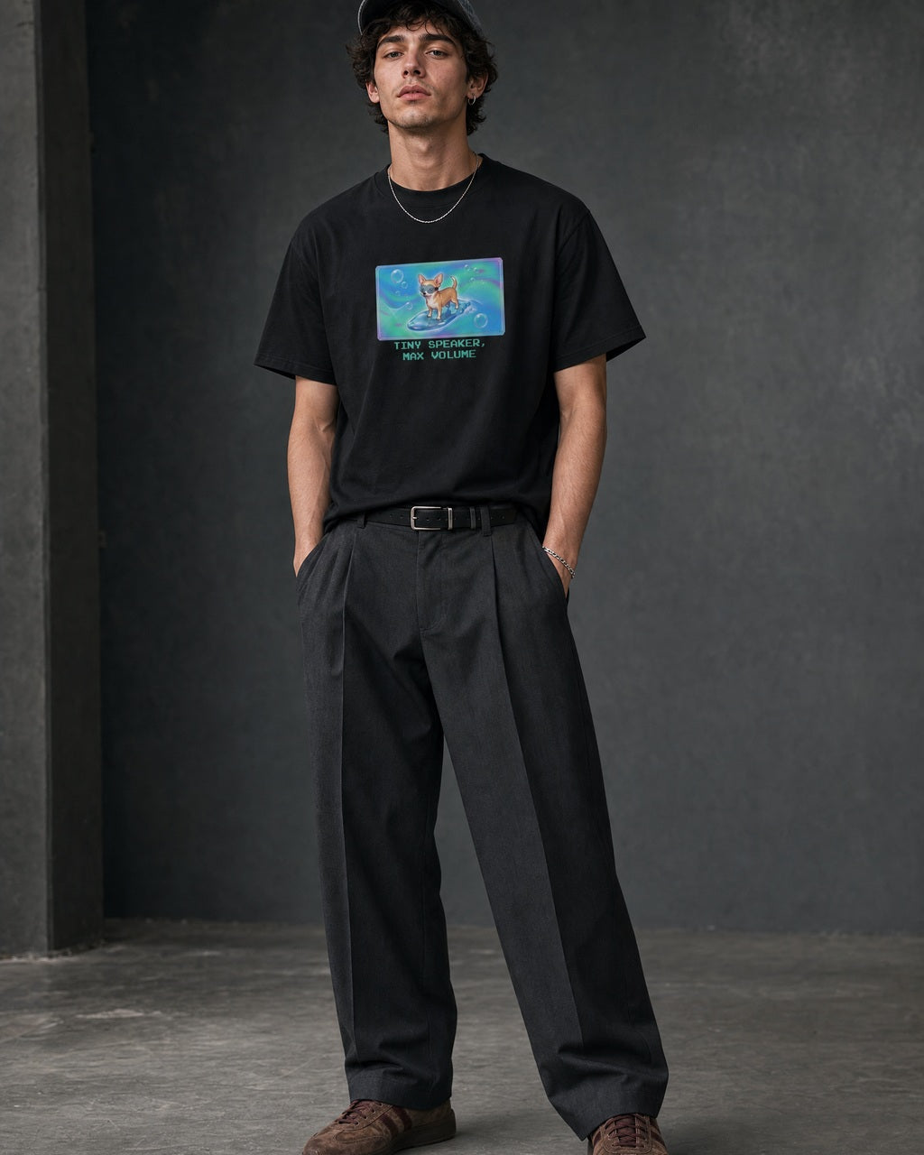 O's Tees Tiny Speaker, Max Volume Chihuahua Frutiger Aero Dogs graphic tee lifestyle image — Black shirt, male shot 01, charcoal pleated trouser