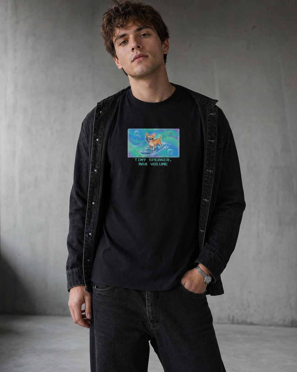 O's Tees Tiny Speaker, Max Volume Chihuahua Frutiger Aero Dogs graphic tee lifestyle image — Black shirt, male shot 02, washed black double denim