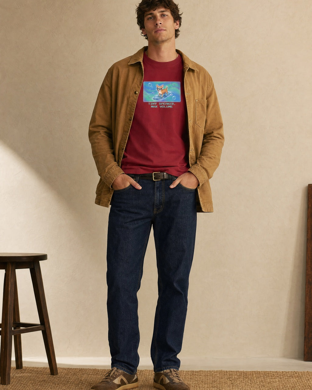 O's Tees Tiny Speaker, Max Volume Chihuahua Frutiger Aero Dogs graphic tee lifestyle image — Cardinal Red shirt, male shot 01, raw denim camel chore