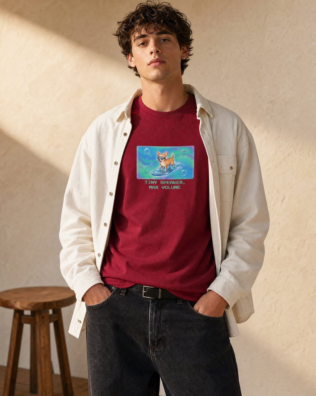 O's Tees Tiny Speaker, Max Volume Chihuahua Frutiger Aero Dogs graphic tee lifestyle image — Cardinal Red shirt, male shot 02, black jeans cream overshirt