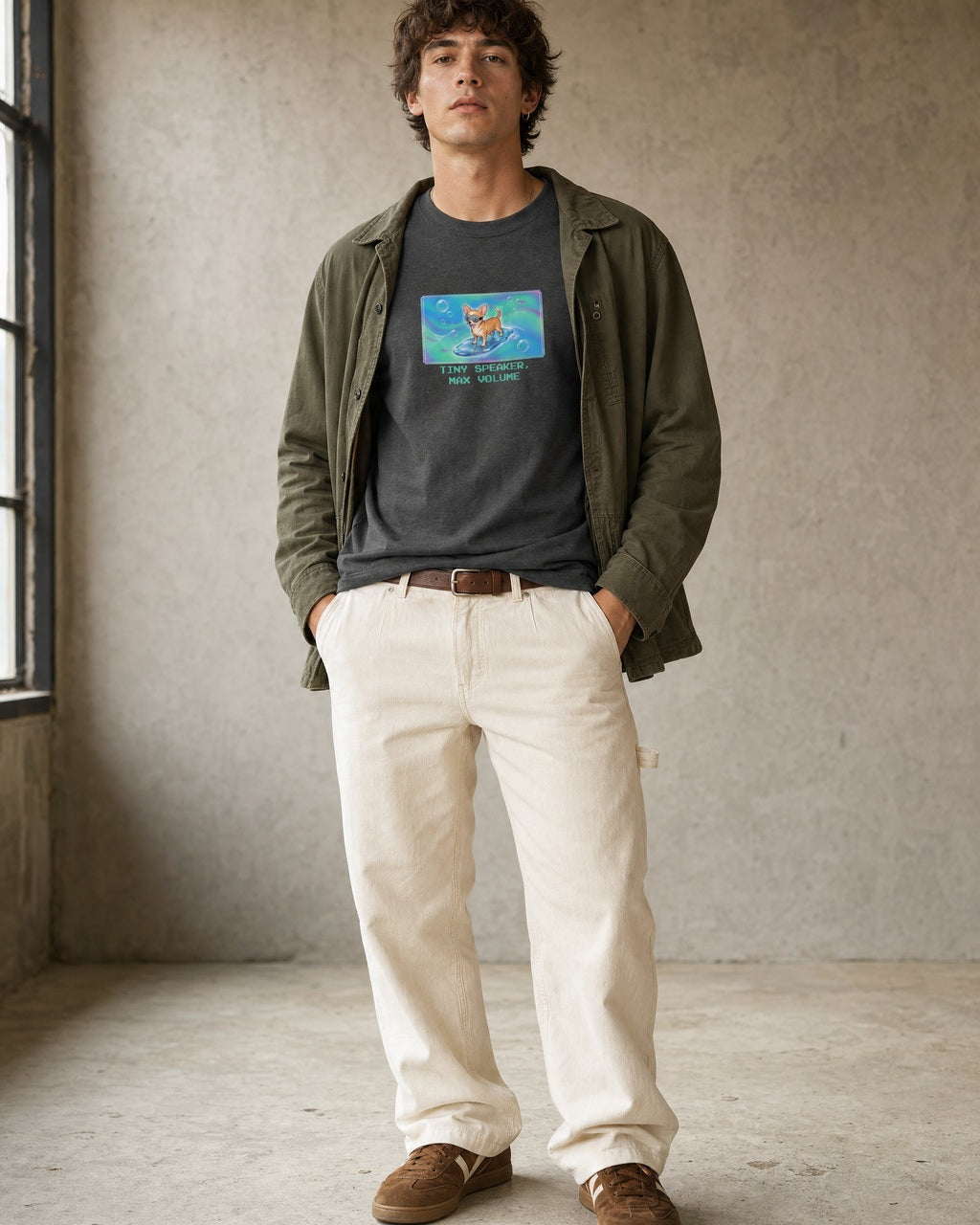 O's Tees Tiny Speaker, Max Volume Chihuahua Frutiger Aero Dogs graphic tee lifestyle image — Dark Heather shirt, male shot 01, ecru carpenter olive field