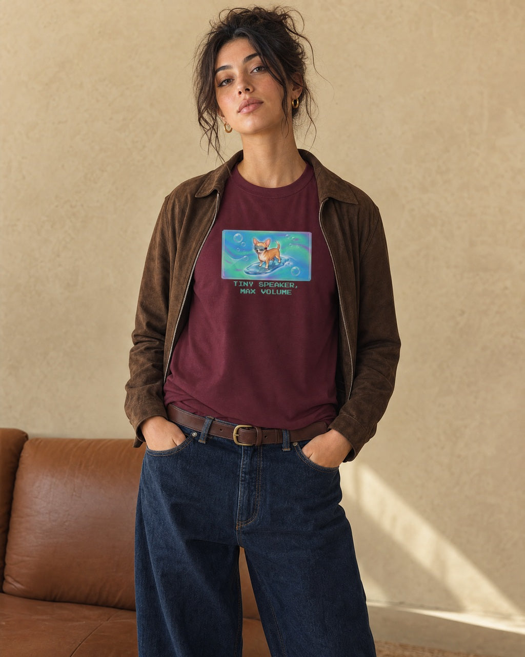 O's Tees Tiny Speaker, Max Volume Chihuahua Frutiger Aero Dogs graphic tee lifestyle image — Maroon shirt, female shot 01, deep indigo chocolate