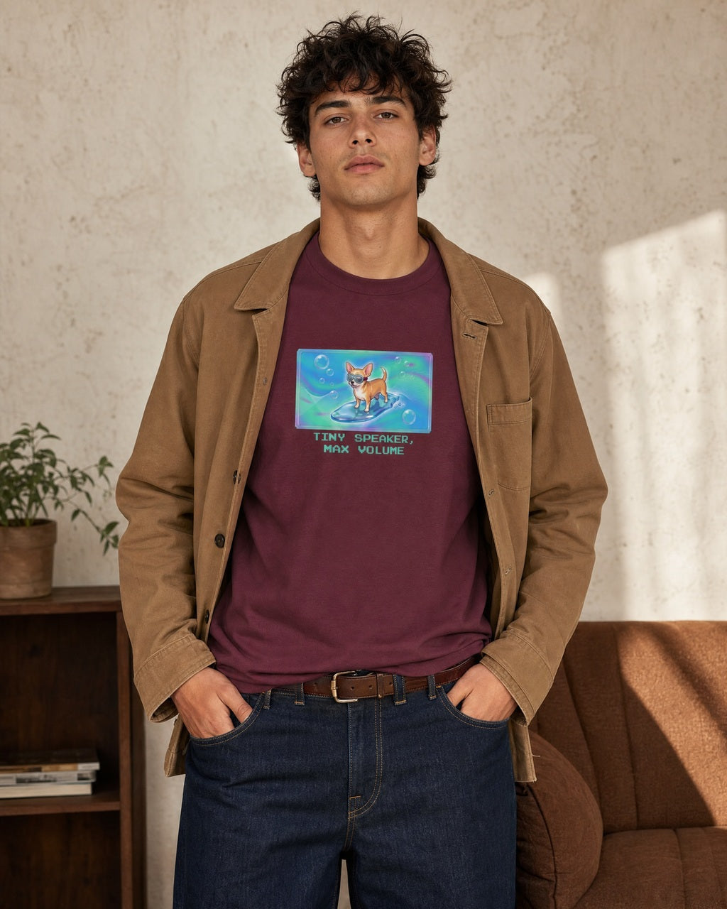 O's Tees Tiny Speaker, Max Volume Chihuahua Frutiger Aero Dogs graphic tee lifestyle image — Maroon shirt, male shot 01, raw denim camel