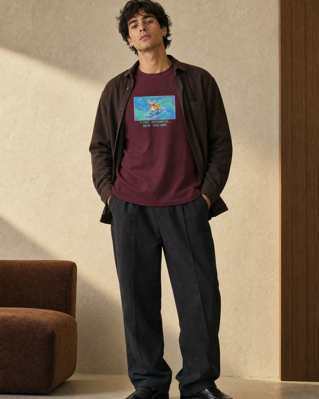 O's Tees Tiny Speaker, Max Volume Chihuahua Frutiger Aero Dogs graphic tee lifestyle image — Maroon shirt, male shot 02, charcoal workwear
