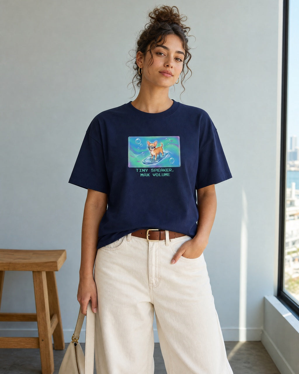 O's Tees Tiny Speaker, Max Volume Chihuahua Frutiger Aero Dogs graphic tee lifestyle image — Navy shirt, female shot 01, ecru barrel tan suede