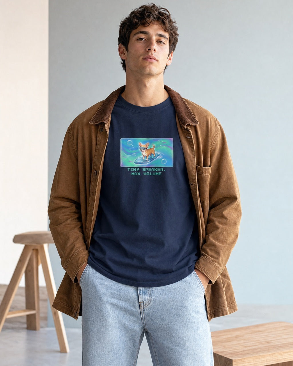 O's Tees Tiny Speaker, Max Volume Chihuahua Frutiger Aero Dogs graphic tee lifestyle image — Navy shirt, male shot 02, light denim tobacco