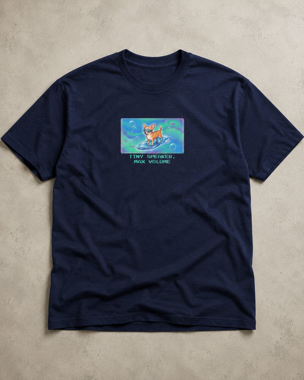 O's Tees Tiny Speaker, Max Volume Chihuahua Frutiger Aero Dogs graphic tee — tabletop primary product image