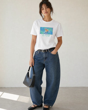 O's Tees Tiny Speaker, Max Volume Chihuahua Frutiger Aero Dogs graphic tee lifestyle image — White shirt, female shot 01, barrel denim mary jane