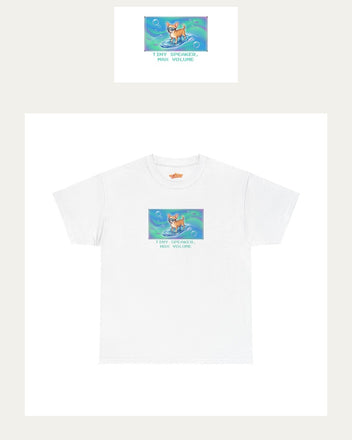 O's Tees Tiny Speaker, Max Volume Chihuahua Frutiger Aero Dogs graphic tee lifestyle image — White shirt, male shot 01, black denim field jacket