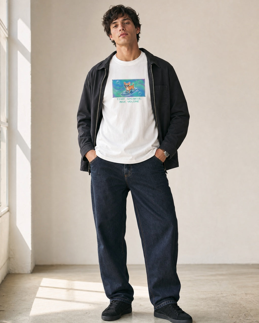 O's Tees Tiny Speaker, Max Volume Chihuahua Frutiger Aero Dogs graphic tee lifestyle image — White shirt, male shot 02, indigo workwear